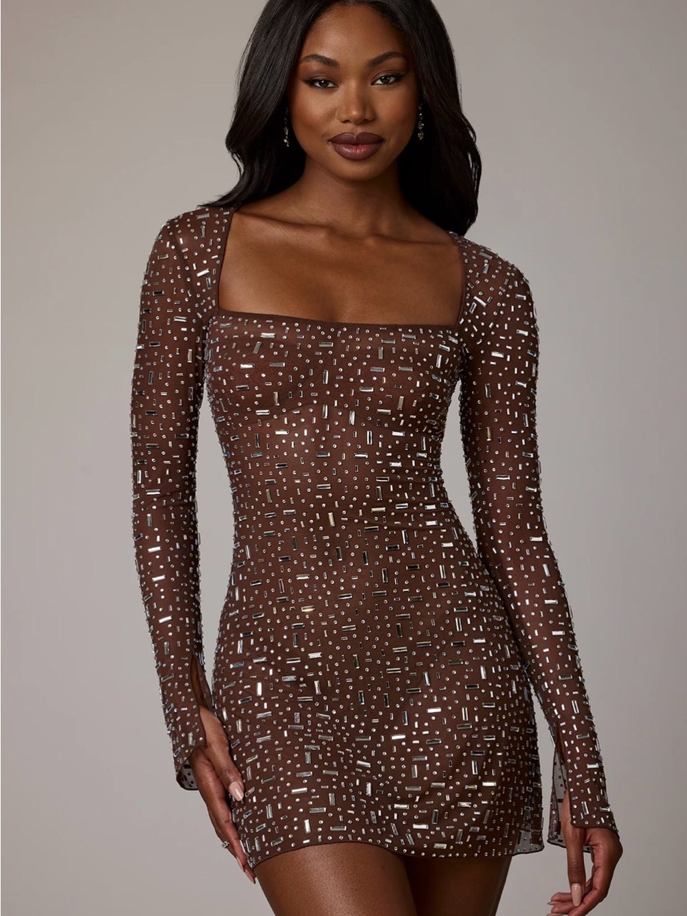 Oh Polly Brown Embellished Square-Neck Mini Dress